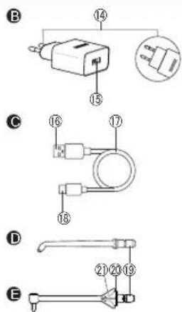Technical diagram showing labeled components of a device with numbered parts and a magnified inset view.