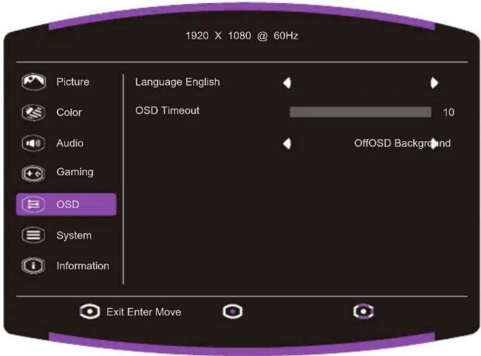 1920 X 1080 @ 60Hz Picture Color Audio Gaming OSD System Information Language English OSD Timeout 10 OffOSD Background Exit Enter Move