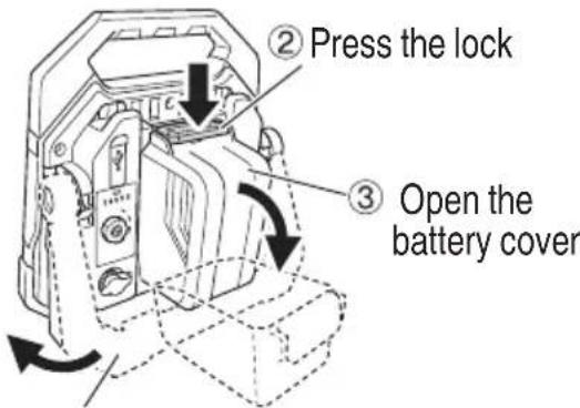 ② Press the lock ③ Open the battery cover