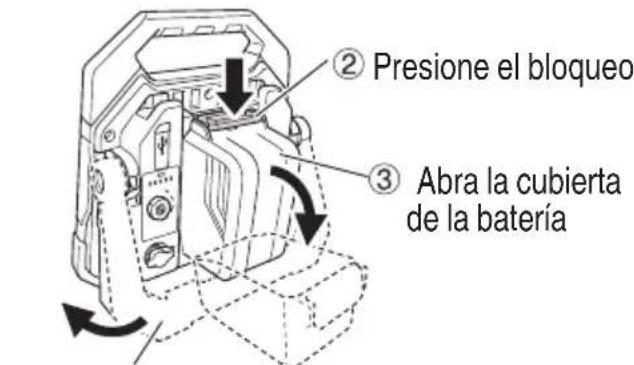 ② Presione el bloqueo ③ Abra la cubierta de la batería