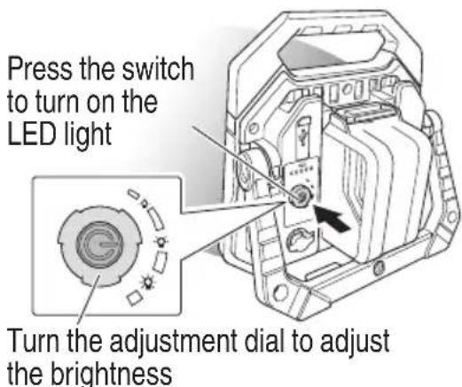 Press the switch to turn on the LED light Turn the adjustment dial to adjust the brightness