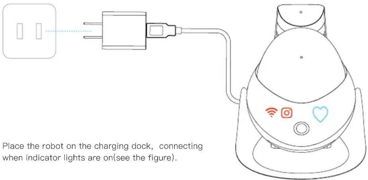 Place the robot on the charging dock, connecting when indicator lights are on(see the figure).