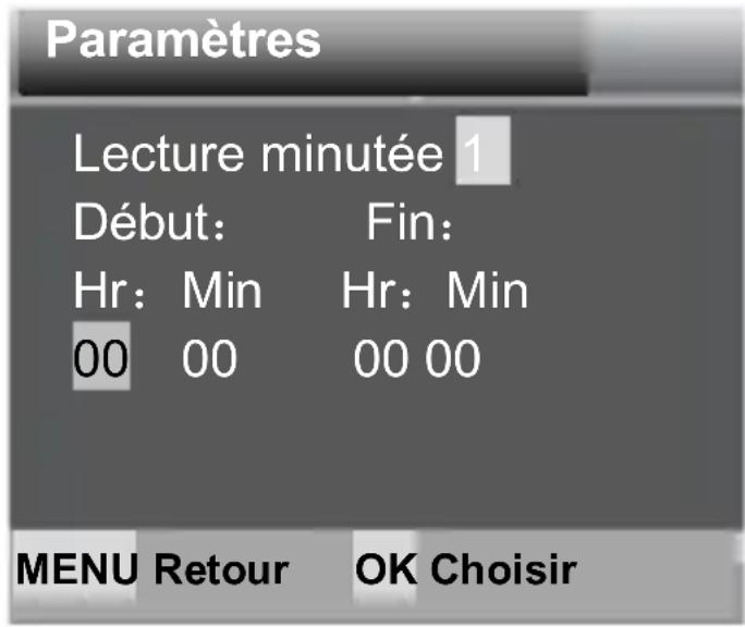 Paramètres Lecture minutée 1 Début: Fin: Hr: Min Hr: Min 00 00 00 00 MENU Retour OK Choisir