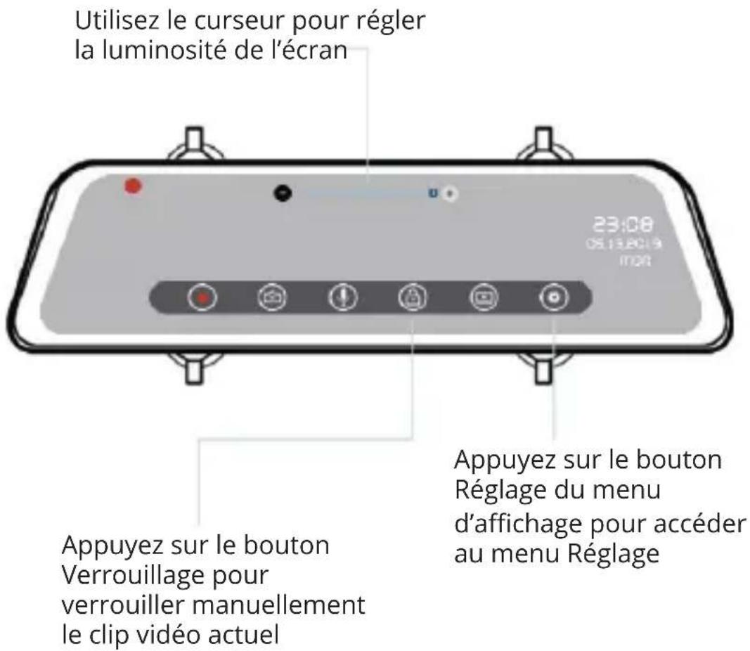 Utilisez le curseur pour régler la luminosité de l'écran 23:08 06.13.EQ19 m24 Appuyez sur le bouton Réglage du menu d'affichage pour accéder au menu Réglage Appuyez sur le bouton Verrouillage pour verrouiller manuellement le clip vidéo actuel