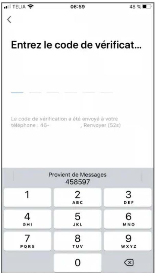 TELIA 06:59 48 % Entrez le code de vérificat... Le code de vérification a été envoyé à votre téléphone : 46- , Renvoyer (52s) Provient de Messages 458597 1 2 3 ABC DEF 4 5 6 GHI JKL MNO 7 8 9 PQRS TUV WXYZ 0