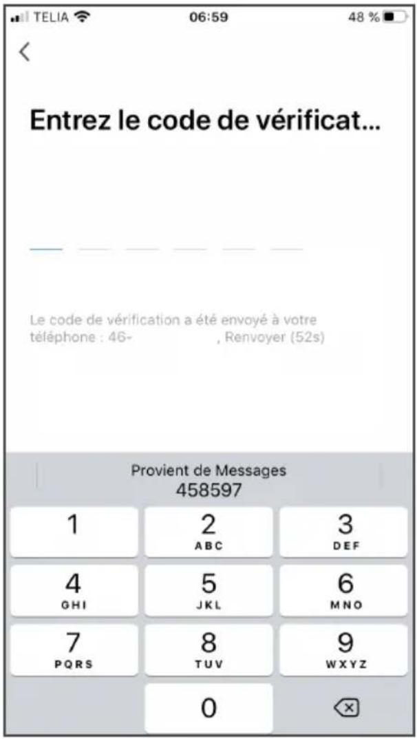 TELIA 06:59 48 % Entrez le code de vérificat... Le code de vérification a été envoyé à votre téléphone : 46- , Renvoyer (52s) Provient de Messages 458597 1 2 3 ABC DEF 4 5 6 GHI JKL MNO 7 8 9 PQRS TUV WXYZ 0