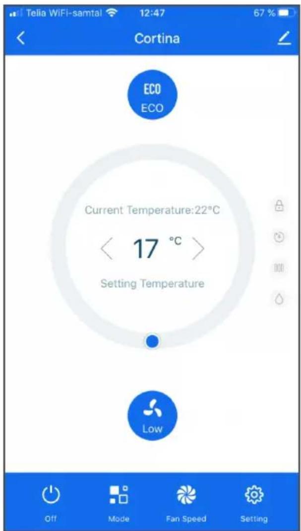 Telia WiFi-samtal 12:47 67 % Cortina ECO ECO Current Temperature:22°C < 17 °C > Setting Temperature Low Off Mode Fan Speed Setting