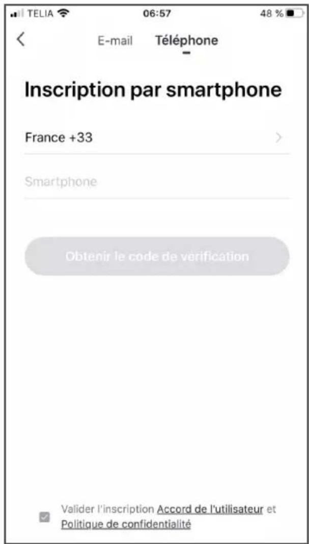 TELIA 06:57 48 % E-mail Téléphone - Inscription par smartphone France +33 Smartphone Obtenir le code de verification Valider l'inscription Accord de l'utilisateur et Politique de confidentialité