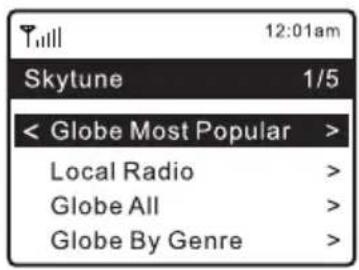 12:01am Skytune 1/5 < Globe Most Popular > Local Radio > Globe All > Globe By Genre >