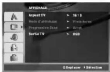 ATTIFICATION Aspect TV ▶ 16:8 Mode d'attichage ▶ Flexi home Progressive Scan ▶ Avret Sortie TV ▶ RGB © Deplacer ⬆ Selection