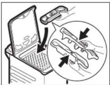 Diagram illustrating a device being opened with a magnified view showing internal components and directional arrows.