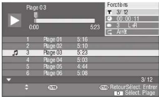 Plage 03 0:00 5:23 1 Plage 01 5:16 2 Plage 02 5:10 3 Plage 03 5:23 4 Plage 04 5:03 5 Plage 05 4:44 6 Plage 06 5:08 Forcto rs T 3/ 12 ● 00:00:11 ○ 3 L+R ◀ Arrêt 3/ 12 ▶ RetourSelect. Entrer D Select. Plage