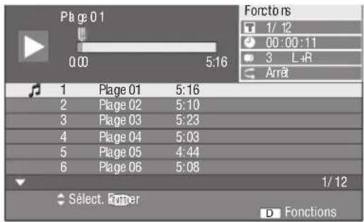 Page 01 0:00 5:16 Forctors 1/ 12 00:00:11 3 L+R Arrêt 1 Plage 01 5:16 2 Plage 02 5:10 3 Plage 03 5:23 4 Plage 04 5:03 5 Plage 05 4:44 6 Plage 06 5:08 1/12 Select. Enter D Fonctions