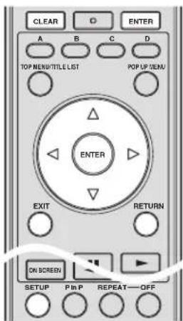 CLEAR D ENTER A B C D TOP MENU/TITLE LIST POP UP MENU ENTER EXIT RETURN ON SCREEN SETUP P In P REPEAT—OFF