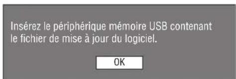 Insérez le périphérique mémoire USB contenant le fichier de mise à jour du logiciel. OK