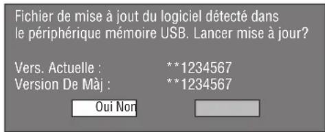 Fichier de mise à jout du logiciel détecté dans le périphérique mémoire USB. Lancer mise à jour? Vers. Actuelle : **1234567 Version De Màj : **1234567 Oui Nor