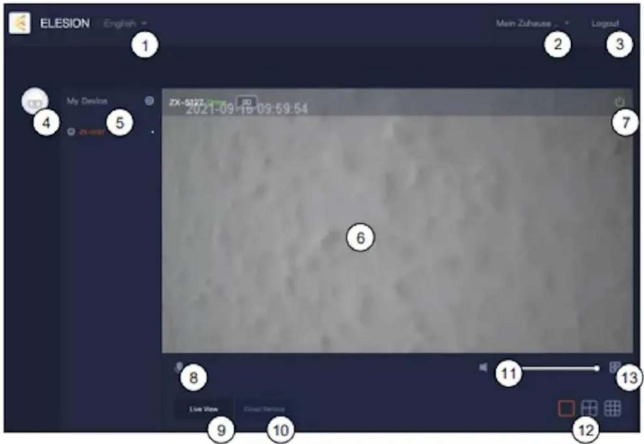 ELESION English Main Zuhause ... Logout 1 2 3 4 My Device ZX-5127.000 2021-09-16 09:59:54 5 6 7 8 Live View Closed Services 9 10 11 12