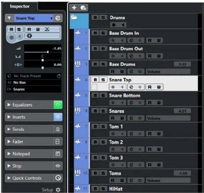 Inspector Snare Top m s R w x -3.45 C 0.00 No Track Preset No Bus Snares Equalizers Inserts Sends Fader Notepad Strip Quick Controls Setup Drums 1 m s Bass Drum In 2 m s Bass Drum Out 3 m s Bass Drums 3.22 R W e ∞ Volume 4 m s Snare Top 5 m s Snare Bottom 6 m s Snares 4.21 R W e ∞ Volume 7 m s Tom 1 8 m s Tom 2 9 m s Tom 3 10 m s Toms -1.50 R W e ∞ Volume 11 m s HiHat