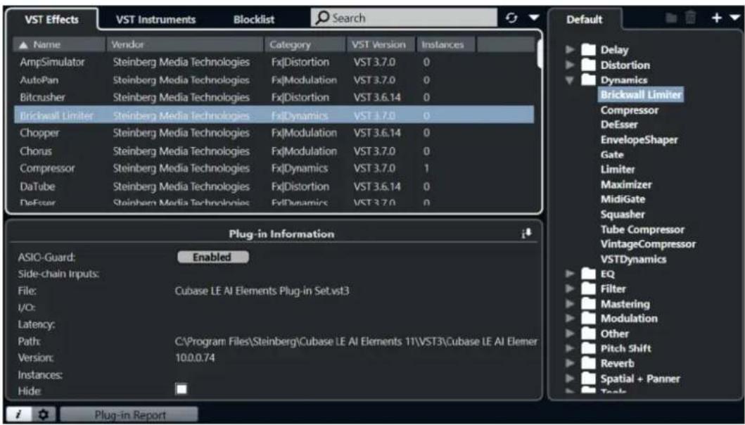 VST Effects VST Instruments Blocklist Search ▲ Name Vendor Category VST Version Instances AmpSimulator Steinberg Media Technologies Fx|Distortion VST 3.7.0 0 AutoPan Steinberg Media Technologies Fx|Modulation VST 3.7.0 0 Bitcrusher Steinberg Media Technologies Fx|Distortion VST 3.6.14 0 Brickwall Limiter Steinberg Media Technologies Fx|Dynamics VST 3.7.0 0 Chopper Steinberg Media Technologies Fx|Modulation VST 3.6.14 0 Chorus Steinberg Media Technologies Fx|Modulation VST 3.7.0 0 Compressor Steinberg Media Technologies Fx|Dynamics VST 3.7.0 1 DaTube Steinberg Media Technologies Fx|Distortion VST 3.6.14 0 DeFsser Steinberg Media Technologies Fx|Dynamics VST 3.7.0 0 Plug-in Information ASIO-Guard: Enabled Side-chain Inputs: File: Cubase LE AI Elements Plug-in Set.vst3 I/O: Latency: Path: C:\Program Files\Steinberg\Cubase LE AI Elements 11\VST3\Cubase LE AI Elemner Version: 10.0.0.74 Instances: Hide: Plug-in Report Default Delay Distortion Dynamics Brickwall Limiter Compressor DeEsser EnvelopeShaper Gate Limiter Maximizer Midigate Squasher Tube Compressor VintageCompressor VSTDynamics EQ Filter Mastering Modulation Other Pitch Shift Reverb Spatial + Panner Tools