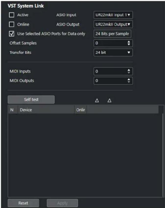 VST System Link Active ASIO Input UR22mkII Input 1 Online ASIO Output UR22mkII Output ✓ Use Selected ASIO Ports for Data only 24 Bits per Sample Offset Samples 0 Transfer Bits 24 bit MIDI Inputs 0 MIDI Outputs 0 Self test N Device Onlir Reset Apply