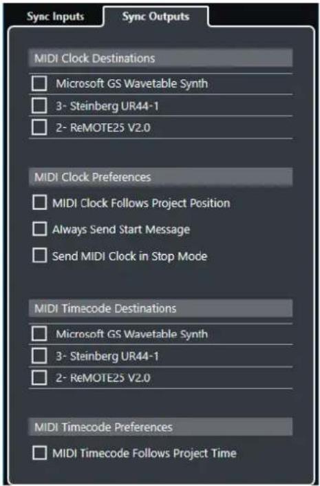Sync Inputs Sync Outputs MIDI Clock Destinations □ Microsoft GS Wavetable Synth □ 3- Steinberg UR44-1 □ 2- ReMOTE25 V2.0 MIDI Clock Preferences □ MIDI Clock Follows Project Position □ Always Send Start Message □ Send MIDI Clock in Stop Mode MIDI Timecode Destinations □ Microsoft GS Wavetable Synth □ 3- Steinberg UR44-1 □ 2- ReMOTE25 V2.0 MIDI Timecode Preferences □ MIDI Timecode Follows Project Time