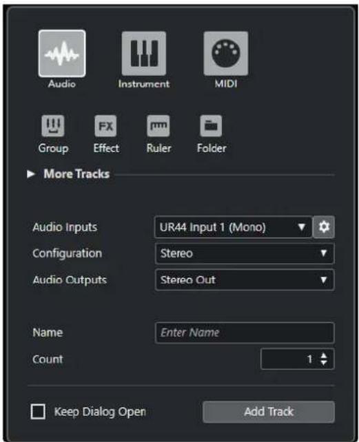 Audio Instrument MIDI Group FX Ruler Folder More Tracks Audio Inputs UR44 Input 1 (Mono) Configuration Stereo Audio Outputs Stereo Out Name Enter Name Count 1 Keep Dialog Open Add Track