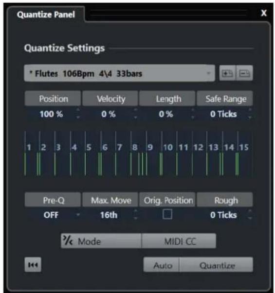 Quantize Panel Quantize Settings * Flutes 106Bpm 4\4 33bars Position Velocity Length Safe Range 100 % 0 % 0 % 0 Ticks 1 2 3 4 5 6 7 8 9 10 11 12 13 14 15 Pre-Q Max. Move Orig. Position Rough OFF 16th 0 Ticks % Mode MIDI CC Auto Quantize