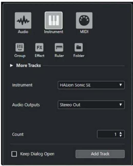 Audio Instrument MIDI Group FX Effect Ruler Folder More Tracks Instrument HALion Sonic SE Audio Outputs Stereo Out Count 1 Keep Dialog Open Add Track