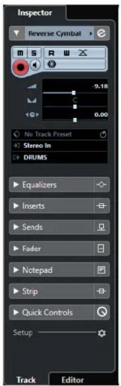 Inspector Reverse Cymbal m S R W -9.10 C 0.00 No Track Preset Stereo In DRUMS Equalizers Inserts Sends Fader Notepad Strip Quick Controls Setup Track Editor