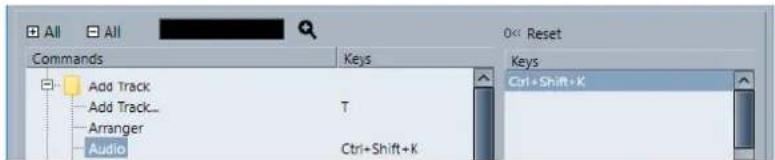 All All Commands Keys Add Track T Add Track... Ctrl+Shift+K Arranger Audio Ctrl+Shift+K 0<< Reset Keys Ctrl+Shift+K