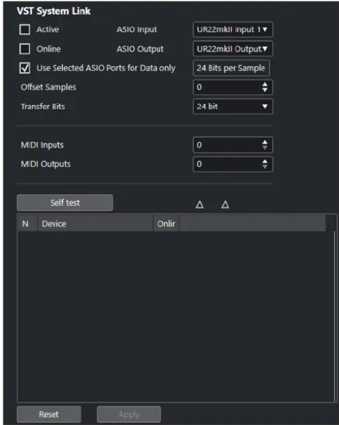 VST System Link Active ASIO Input UR22mkII input 1 Online ASIO Output UR22mkII Output Use Selected ASIO Ports for Data only 24 Bits per Sample Offset Samples 0 Transfer Bits 24 bit MIDI Inputs 0 MIDI Outputs 0 Self test N Device Onlir Reset Apply