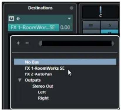 Destinations FX 1-RoomWor...SE 0.00 No Bus FX 1-RoomWerks SE FX 2-AutoPan Outputs Stereo Out Left Right