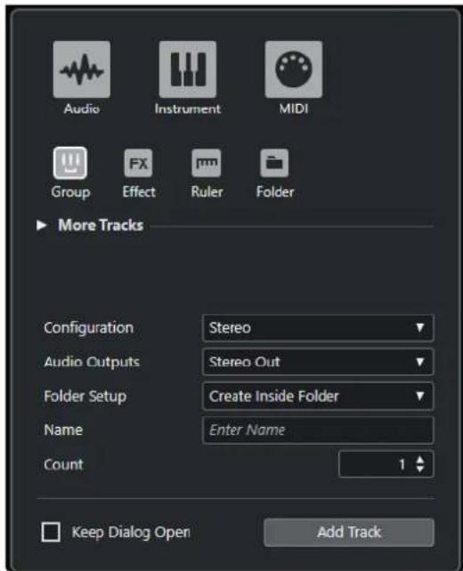 Audio Instrument MIDI Group FX Ruler Folder More Tracks Configuration Stereo Audio Outputs Stereo Out Folder Setup Create Inside Folder Name Enter Name Count 1 Keep Dialog Open Add Track