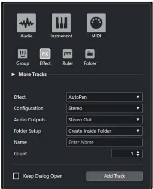 Audio Instrument MIDI Group FX Effect Ruler Folder More Tracks Effect AutoPan Configuration Stereo Audio Outputs Stereo Out Folder Setup Create Inside Folder Name Enter Name Count 1 Keep Dialog Open Add Track