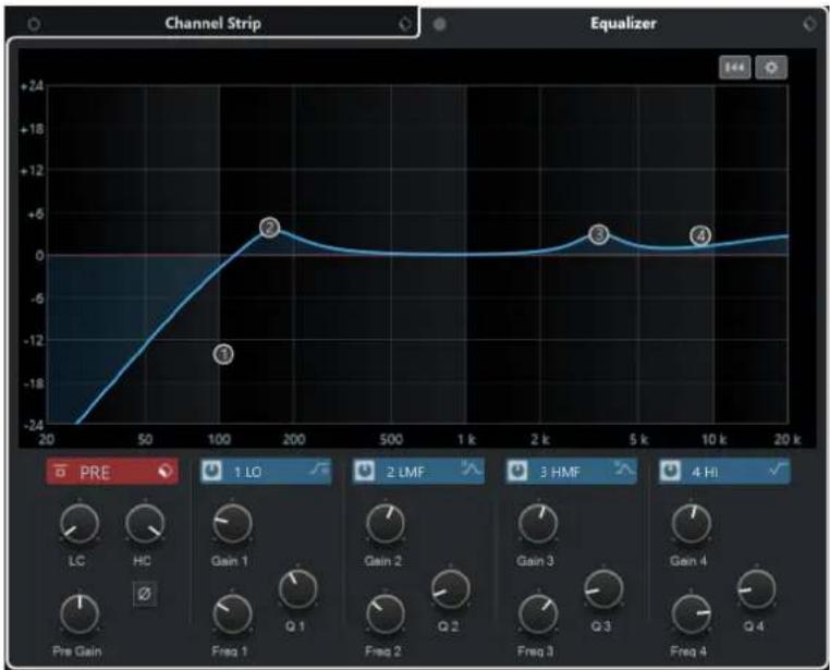 Channel Strip Equalizer 20 -24 +24 18 -18 -12 -6 0 +5 0 -5 0 +3 0 -3 0 +2 0 -2 k 2 k 5 k 10 k 20 k PRE 1 LO 2 LMF 3 HMF 4 HI Pre Gain Freq 1 Freq 2 Freq 3 Freq 4