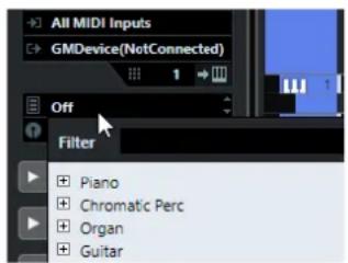 All MIDI Inputs GMDevice(NotConnected) Off Filter Piano Chromatic Perc Organ Guitar