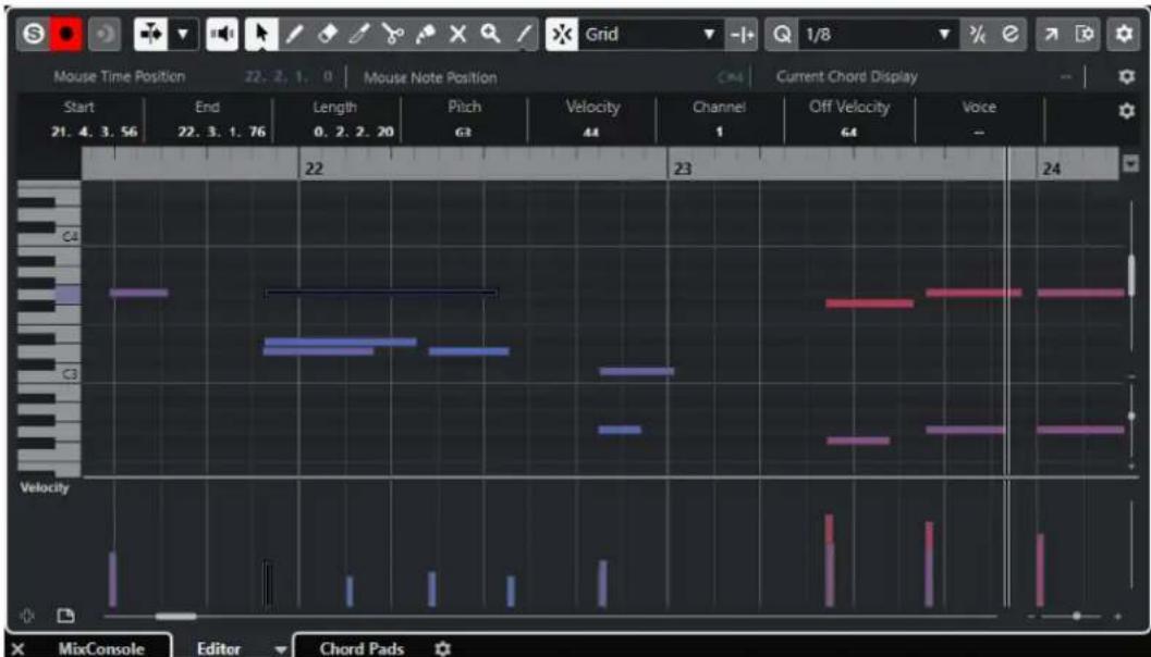 Mouse Time Position 22. 2. 1. 0 Mouse Note Position C#4 Current Chord Display Start End Length Pitch Velocity Channel Off Velocity Voice 21. 4. 3. 56 22. 3. 1. 76 0. 2. 2. 20 63 44 1 64 - 22 23 24 C4 C3 Velocity MixConsole Editor Chord Pads