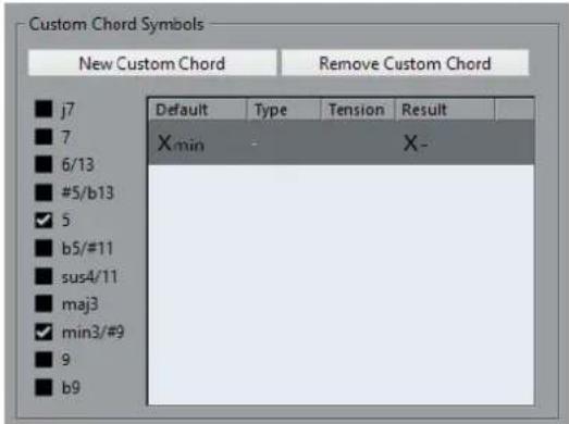 Custom Chord Symbols New Custom Chord Remove Custom Chord Default Type Tension(Result) X min -X- j7 7 6/13 #5/b13 5 b5/#11 sus4/11 maj3 min3/#9 9 b9