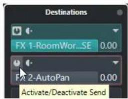 Destinations FX 1-RoomWor...SE 0.00 FX 2-AutoPan 0.00 Activate/Deactivate Send
