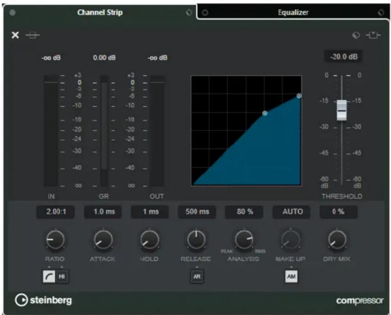 Channel Strip Equalizer -oo dB 0.00 dB -oo dB IN GR OUT 2.00:1 1.0 ms 1 ms 500 ms 80 % AUTO 0 % RATIO ATTACK HOLD RELEASE PEAK ANALYSIS RMS MAKE UP DRY MIX Hi AR AM steinberg compressor