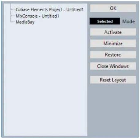 Cubase Elements Project - Untitled1 MixConsole - Untitled1 MediaBay OK Selected Mode Activate Minimize Restore Close Windows Reset Layout
