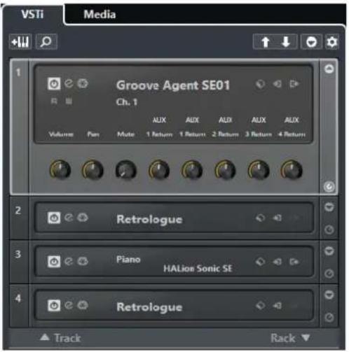 VSTi Media Groove Agent SE01 Ch. 1 VOLUME Pan Mute 1 Return 1 Return 2 Return 3 Return 4 Return Retrologue Piano HALion Sonic SE Retrologue Track Rack