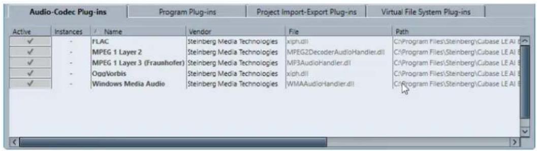 Audio-Codec Plug-ins Program Plug-ins Project Import-Export Plug-ins Virtual File System Plug-ins Active Instances Name Vendor File Path ✓ - FLAC Steinberg Media Technologies xiph.dll C:\Program Files\Steinberg\Cubase LE AI B ✓ - MPEG 1 Layer 2 Steinberg Media Technologies MPEG2DecoderAudioHandler.dll C:\Program Files\Steinberg\Cubase LE AI B ✓ - MPEG 1 Layer 3 (Fraunhofer) Steinberg Media Technologies MP3AudioHandler.dll C:\Program Files\Steinberg\Cubase LE AI B ✓ - OggVorbis Steinberg Media Technologies xiph.dll C:\Program Files\Steinberg\Cubase LE AI B ✓ - Windows Media Audio Steinberg Media Technologies WMAAudioHandler.dll C:\Program Files\Steinberg\Cubase LE AI B