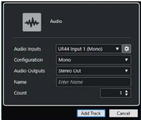 Audio Audio Inputs UR44 Input 1 (Mono) Configuration Mono Audio Outputs Stereo Out Name Enter Name Count 1 Add Track Cancel