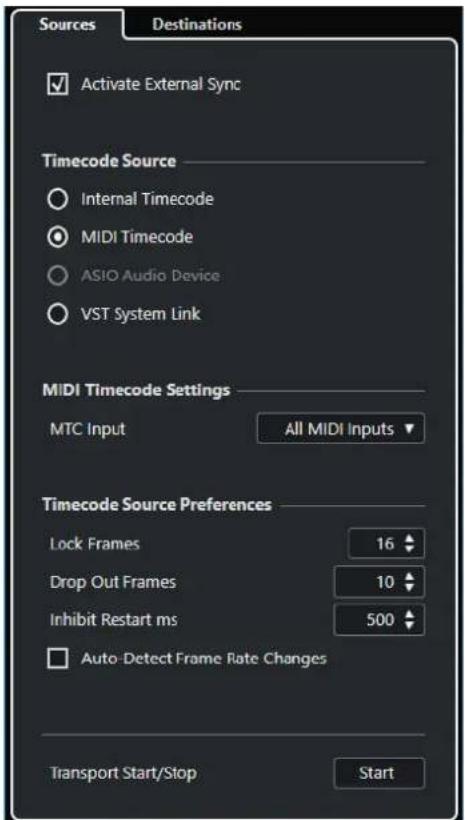 Sources Destinations ✓ Activate External Sync Timecode Source ○ Internal Timecode ● MIDI Timecode ○ ASIO Audio Device ○ VST System Link MIDI Timecode Settings MTC Input All MIDI Inputs ▼ Timecode Source Preferences Lock Frames 16 ↓ Drop Out Frames 10 ↓ Inhibit Restart ms 500 ↓ □ Auto-Detect Frame Rate Changes Transport Start/Stop Start