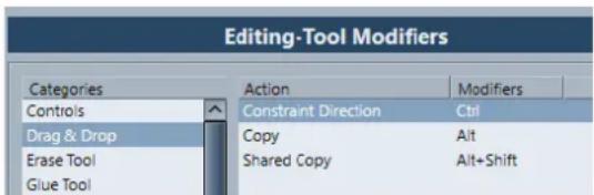 Editing-Tool Modifiers Categories Action Modifiers Controls Constraint Direction Ctrl Drag & Drop Copy Alt Erase Tool Shared Copy Alt+Shift Glue Tool