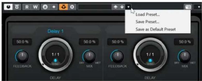 Load Preset... Save Preset... Save as Default Preset Delay 1 50.0 % 1/1 50.0 % 50.0 % 1/1 50.0 % FEEDBACK DRY MIX FEEDBACK DRY MIX DELAY DELAY