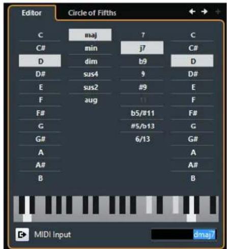 Editor Circle of Fifths C maj 7 C C# min j7 C# D dim b9 D D# sus4 9 D# E sus2 #9 E F aug 11 F F# b5/#11 F# G #5/b13 G G# 6/13 G# A A# A# A# B B MIDI Input dmaj