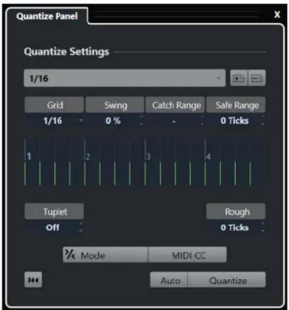 Quantize Panel Quantize Settings 1/16 Grid Swing Catch Range Safe Range 1/16 0 % - 0 Ticks 1 2 3 4 Tupiet Rough Off 0 Ticks % Mode MIDI CC Auto Quantize