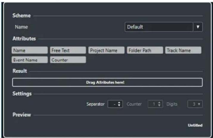 Scheme Name Default Attributes Name Free Text Project Name Folder Path Track Name Event Name Counter Result Drag Attributes here! Settings Separator Counter 1 Digits 3 Preview Untitled